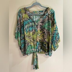 Democracy multicolored tropical tie knot v-neck 3/4 cut out sleeve blouse Size L
